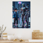 Cyber Guardian | Affiche d'art de robot et d'enfan (Cuisine)