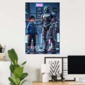 Cyber Guardian | Affiche d'art de robot et d'enfan (Bureau à domicile)