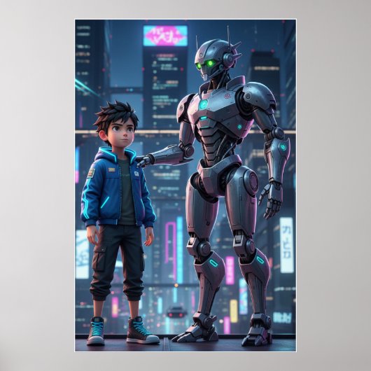 Cyber Guardian | Affiche d'art de robot et d'enfan (Devant)