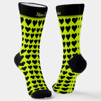 Cyber Lime Zwarte Hartjes Custom Naam Script Sokken