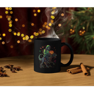Cyber Neon Skeleton Riding Robo Dino – Halloween Koffiemok