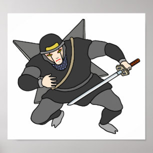 Cyber ninja met shuriken op zijn rug. poster