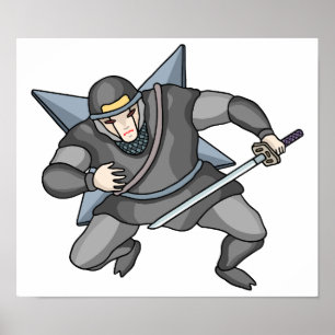 Cyber ninja met shuriken op zijn rug. poster