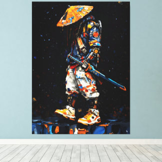 Cyber Ninja Palette Knife Neon Orange Impasto Canvas Afdruk