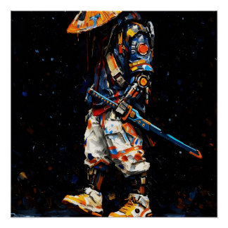 Cyber Ninja Palette Knife Neon Orange Impasto Perfect Poster