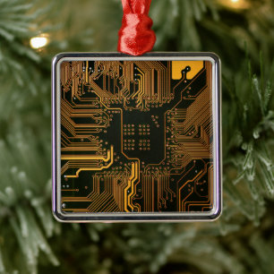 Cyber Orange PCB Printplaat Spoorpatroon Kunst Metalen Ornament