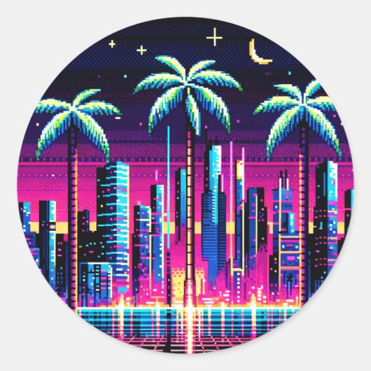Cyber Palms: Neon Nightscape Ronde Sticker (Voorkant)