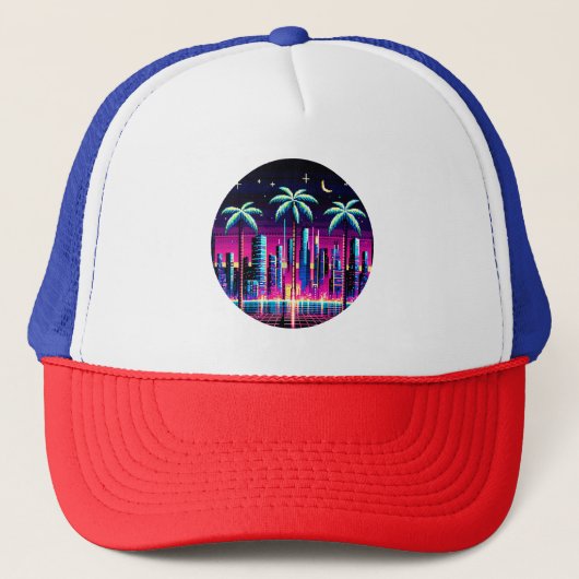 Cyber Palms - Neon Pixel Art Retro Futuristisch Trucker Pet (Voorkant)