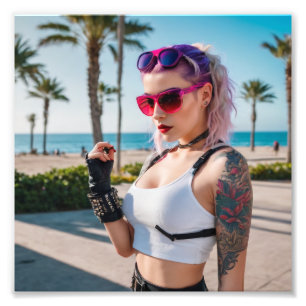 Cyber Punk 80s Babe by the Beach Foto Afdruk