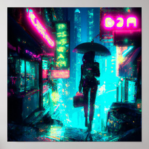 Cyber punk art City night neon borden Poster