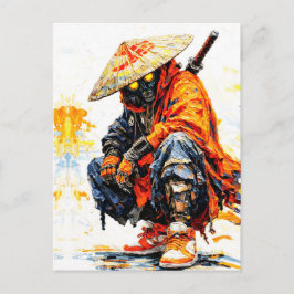 Cyber Samurai Palette Knife Neon Orange Impasto Briefkaart
