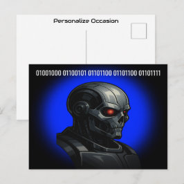 Cyber Skull Blue Glow Binary Hello Tech Design  Feestdagenkaart