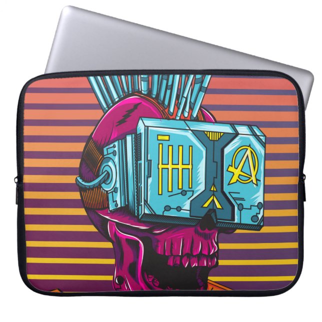 Cyber Skull Virtual Reality Cyberpunk diskette Laptop Sleeve (Voorkant)