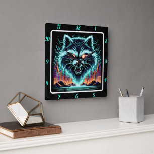 Cyber Wasbeer Neon Skyline Vierkante Klok