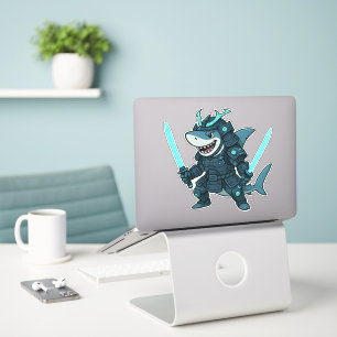Cyberhaai in harnas met dubbele zwaarden sticker