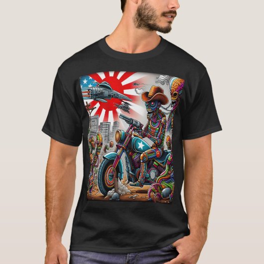 Cybernetic Bikers in Psychedelic Apocalypse T-shirt (Voorkant)