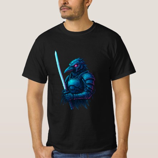 Cybernetic Crow Ronin – Neon Samurai Bird Warrior T-shirt (Voorkant)