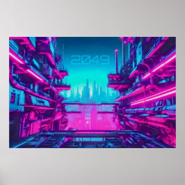 Cyberpunk 2049 Neon City Landscape Sci-Fi Poster