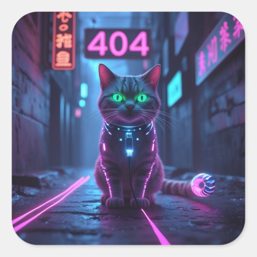 Cyberpunk 404 Error Neon Cat Sticker (Devant)