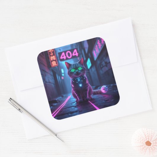 Cyberpunk 404 Error Neon Cat Sticker (Enveloppe)