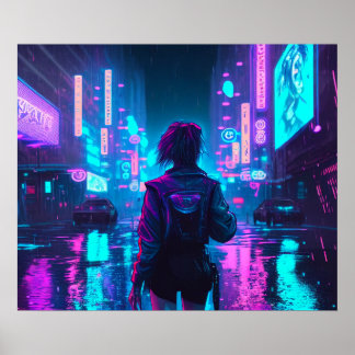 Cyberpunk anime fille rainy city poster