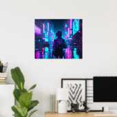 Cyberpunk anime girl regenachtige poster (Thuiskantoor)