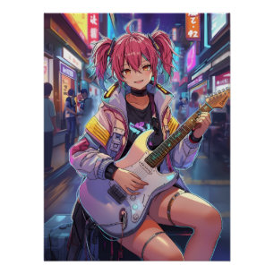 Cyberpunk Anime Gitarist Meisje Kunst Perfect Poster
