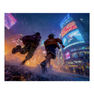 Cyberpunk Anime Krijgers Regen Gevecht Perfect Poster