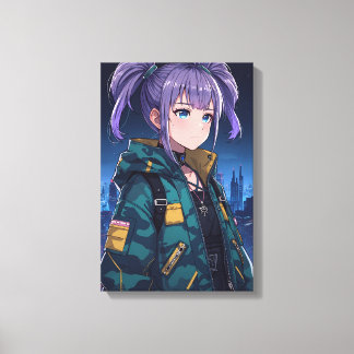 Cyberpunk Anime Meisje Vlechten Camouflage Jas Kun Canvas Afdruk