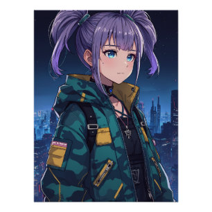 Cyberpunk Anime Meisje Vlechten Camouflage Jas Kun Perfect Poster
