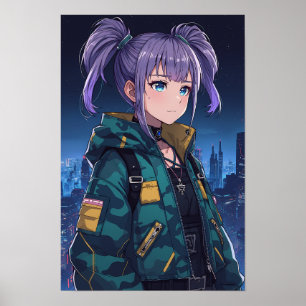 Cyberpunk Anime Meisje Vlechten Camouflage Jas Kun Poster