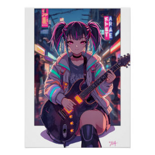 Cyberpunk Anime Rockergitaar Kunst Perfect Poster