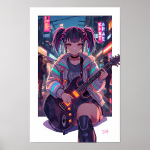Cyberpunk Anime Rockergitaar Kunst Poster