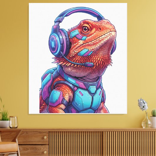 Cyberpunk Bearded Dragon - Gamer Lizard with Heads Canvas Afdruk (Insitu (Woonkamer))