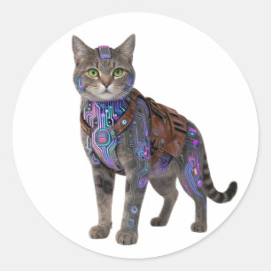 Cyberpunk Circuit Kat - Neon Tech Beest Ronde Sticker