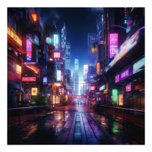 Cyberpunk City Night Foto Afdruk