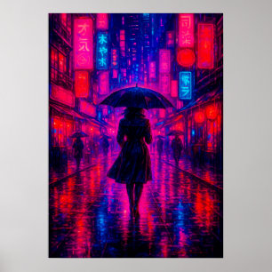 Cyberpunk City Night met neonlichten en paraplu Poster