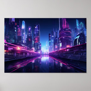 Cyberpunk City Reflection Poster