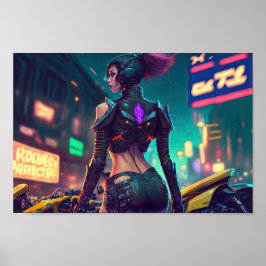 cyberpunk cityscape neon licht motorrijder poster