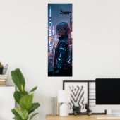 Cyberpunk Cityscape Poster Futuriste Femme Hacke (Bureau à domicile)