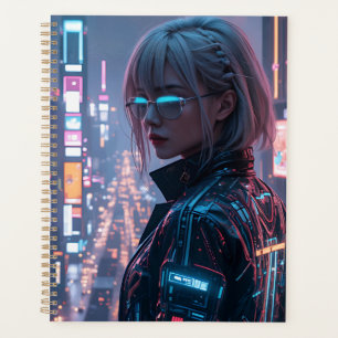 Cyberpunk Cityscape Poster Futuristisch Vrouw Hack Planner