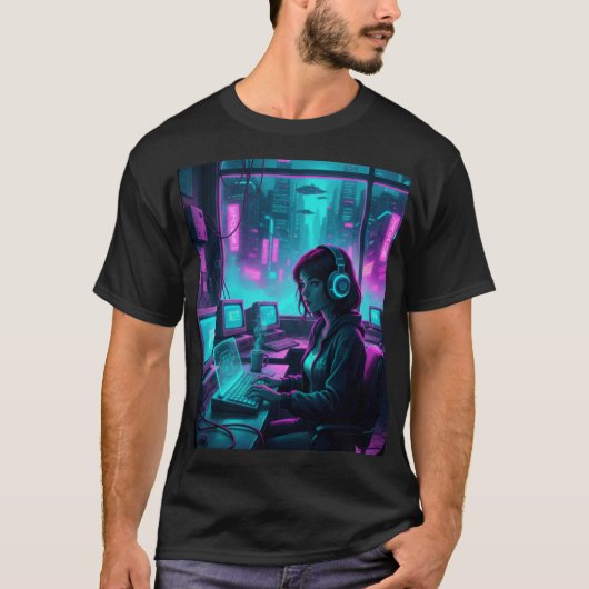 Cyberpunk Coder Girl – Retro Future Hacker Art T-shirt (Voorkant)