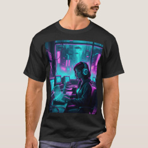 Cyberpunk Coder Girl – Retro Toekomst Hacker Kunst T-shirt