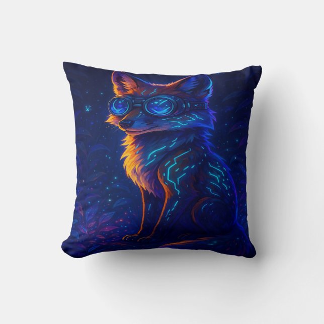 Cyberpunk Fox in het Neon Oerwoud – Futuristic Glo Kussen (Voorkant)