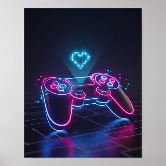 Cyberpunk Gaming Controller – Neon Pixel Heart Poster (Voorkant)