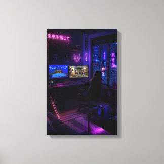 Cyberpunk-gamingsetup Neon Kamer Esthetische Kunst Canvas Afdruk