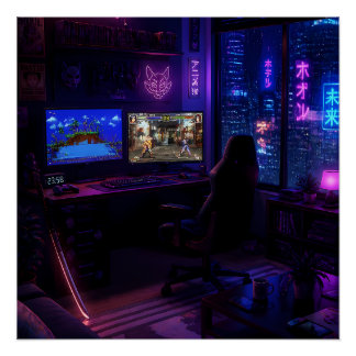 Cyberpunk-gamingsetup Neon Kamer Esthetische Kunst Perfect Poster