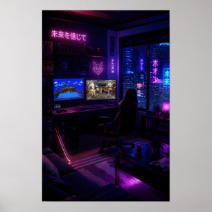 Cyberpunk-gamingsetup Neon Kamer Esthetische Kunst Poster