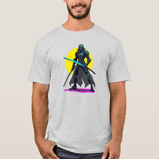 Cyberpunk gepantserde Samurai Neon Warrior Art T-shirt (Voorkant)