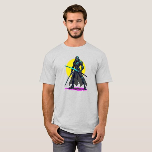 Cyberpunk gepantserde Samurai Neon Warrior Art T-shirt (Voorkant volledig)
